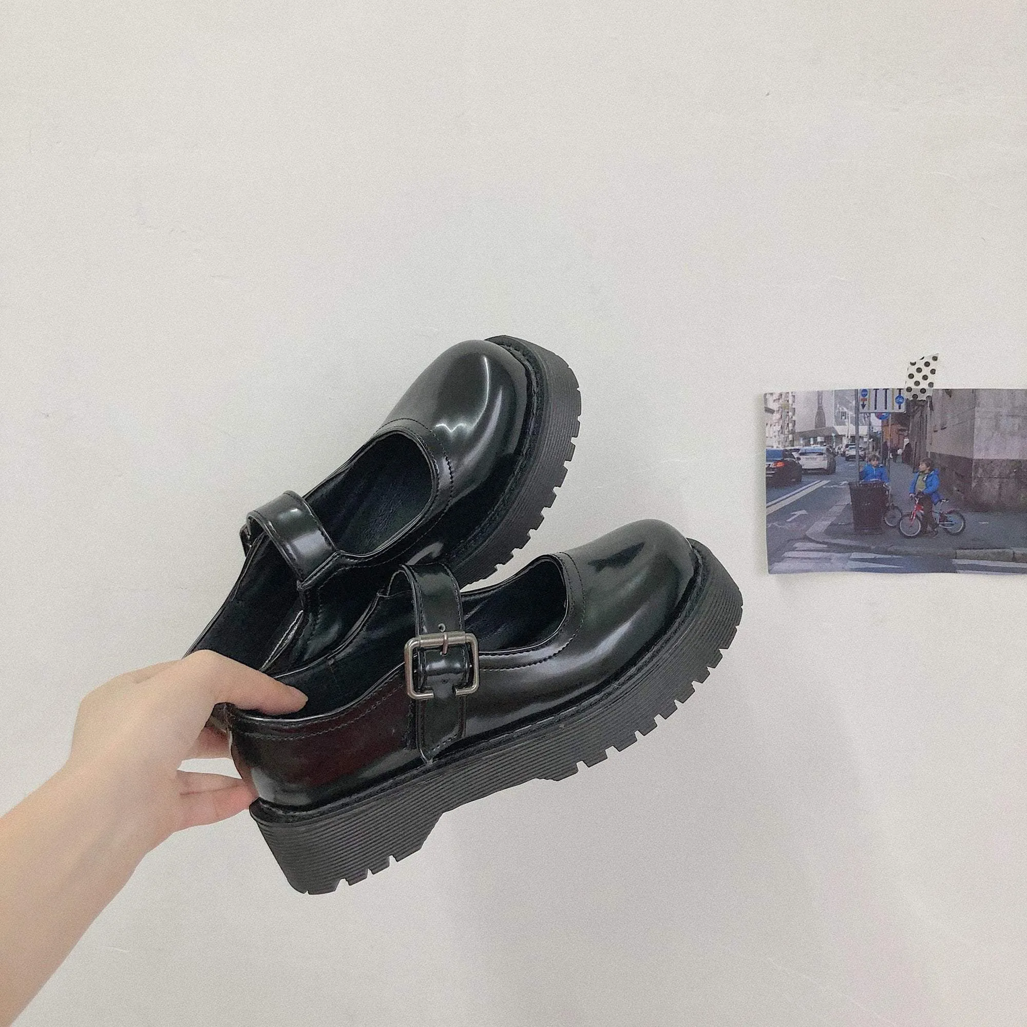 Black Aesthetic Vintage Platform Shiny Sandals