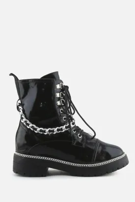 I Love DeeZee Zipper Laces Chain Straps Combat Ankle Boots | 100% Synthetic Leather