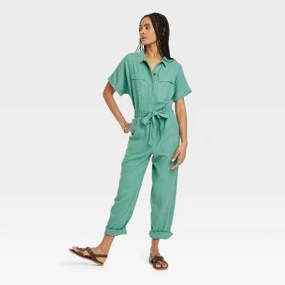 New - Universal Thread Women's Short Sleeve Linen Boilersuit Casual Jumpsuit