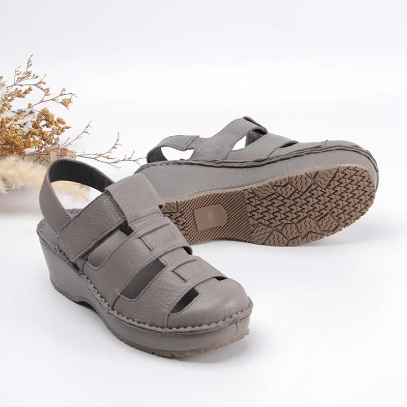 Retro Soft All Leather Woven Platform Gladiator Sandals In Beige/Gray/Black