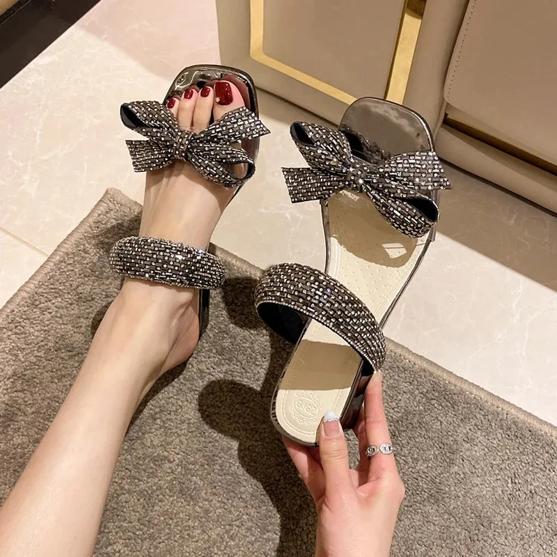 Sohiwoo Shiny Crystal Bowtie High Heels Sandals for Women Summer Square Toe Thick Heeled Slippers Woman Plus Size 42 Outdoor Slides