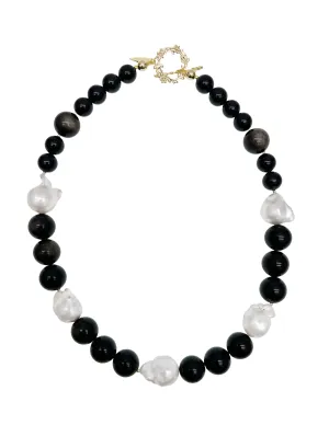 Timeless Nugget Black Obsidian with Baroque Pearls Chunky Necklace LN067